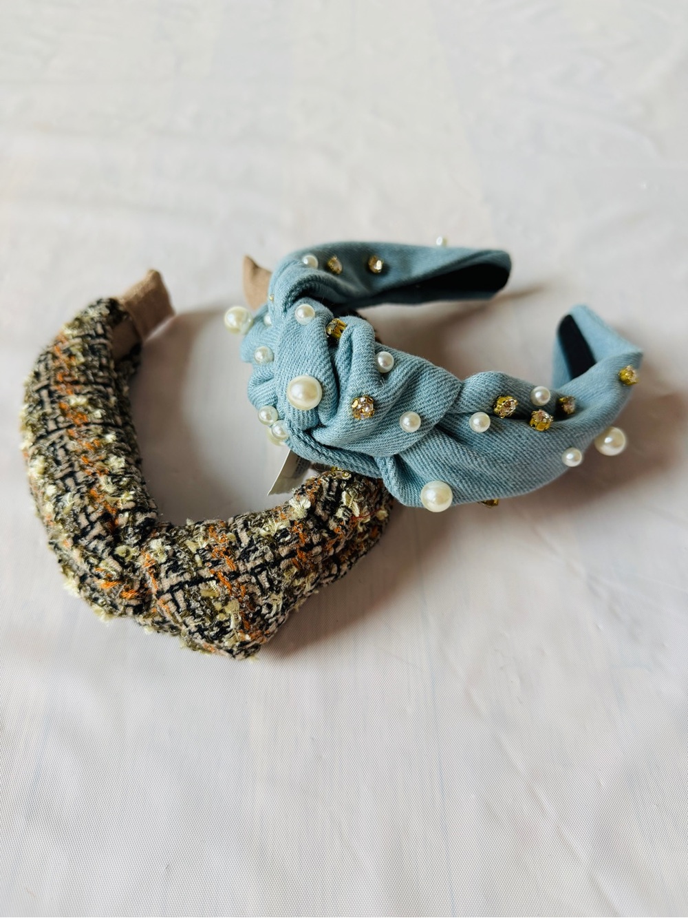 Girls Knot Headbands Light Blue Pearl Denim and Earth Tone Tweed Bouclé set of 2